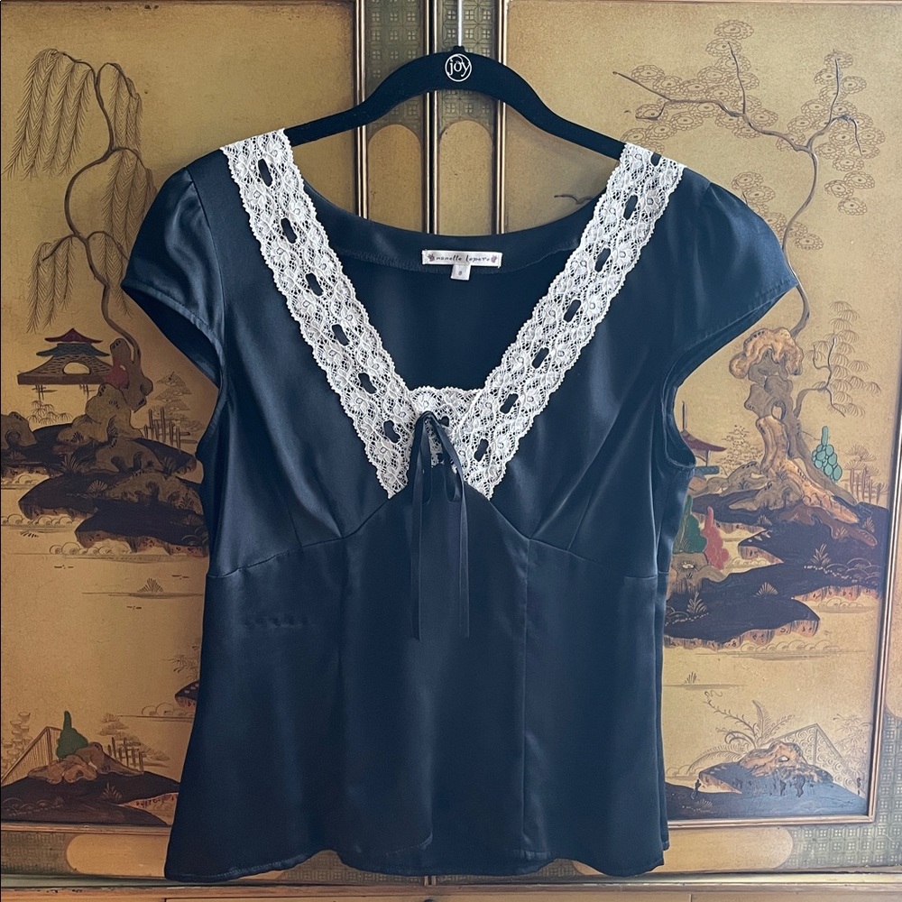 NANETTE LEPORE Black Silk boudoir Top Ivory Lace & Ribbon Bow Trim Y2K 8